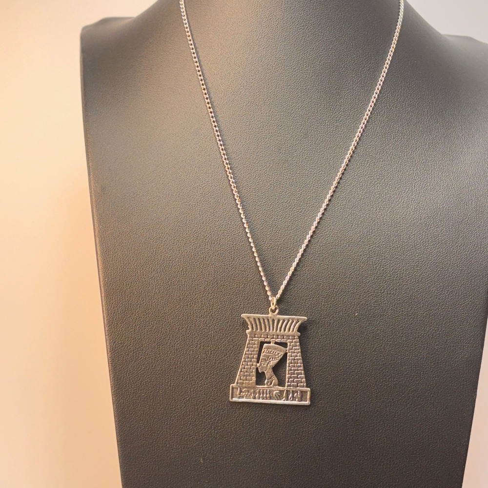 Egyptian Queen Nefertiti Pendant Necklace Silver Tone Hieroglyphic Temple Boho